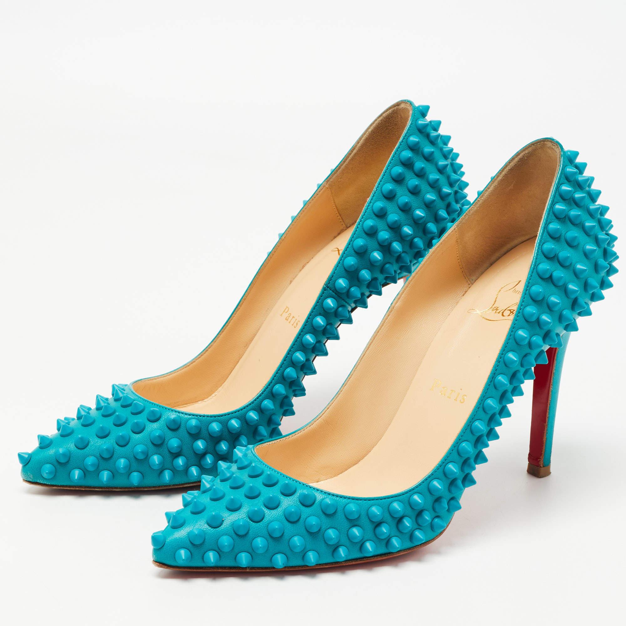 Women's Christian Louboutin Blue Leather Pigalle Spikes Pumps Size 37.5 For Sale