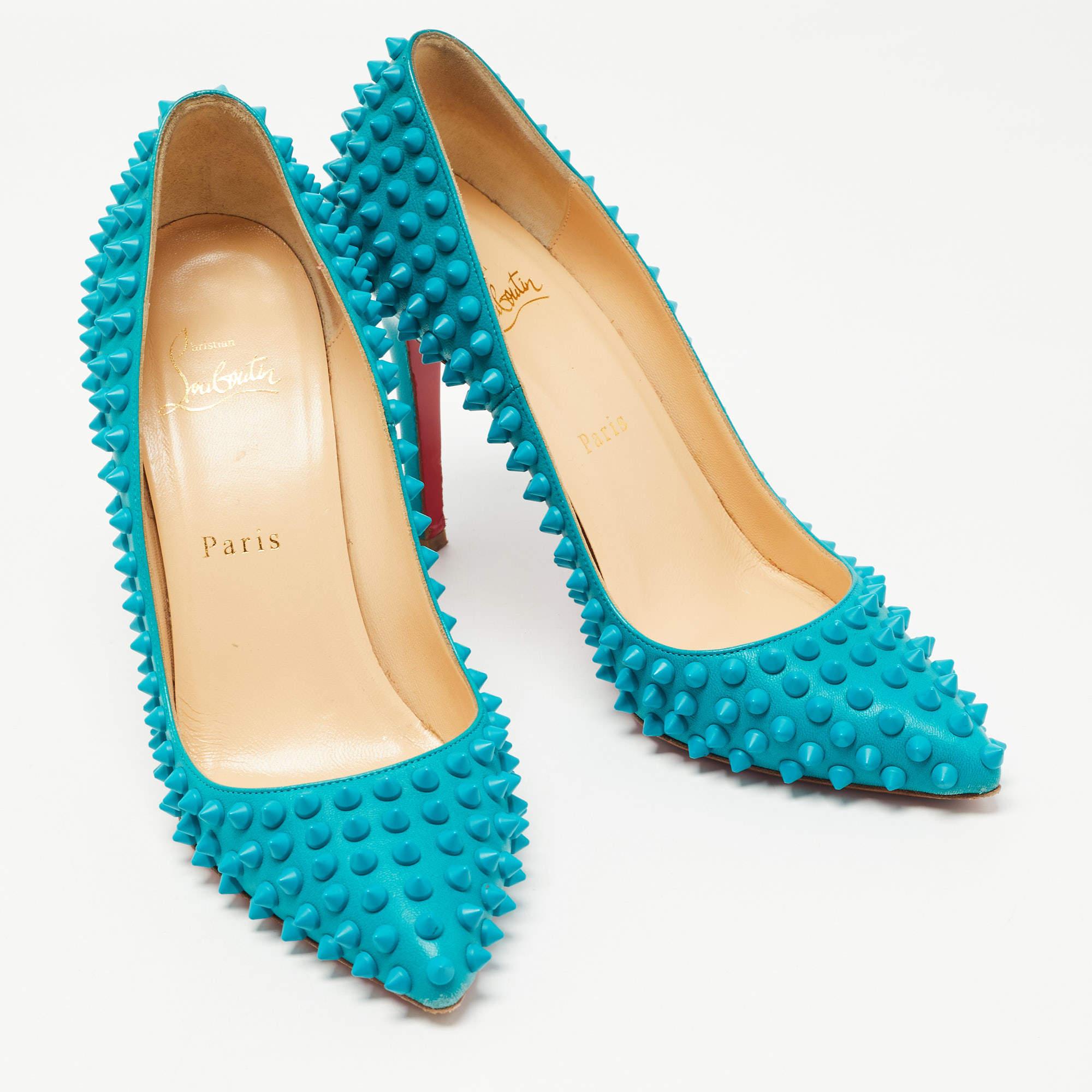 Christian Louboutin Blue Leather Pigalle Spikes Pumps Size 37.5 For Sale 1