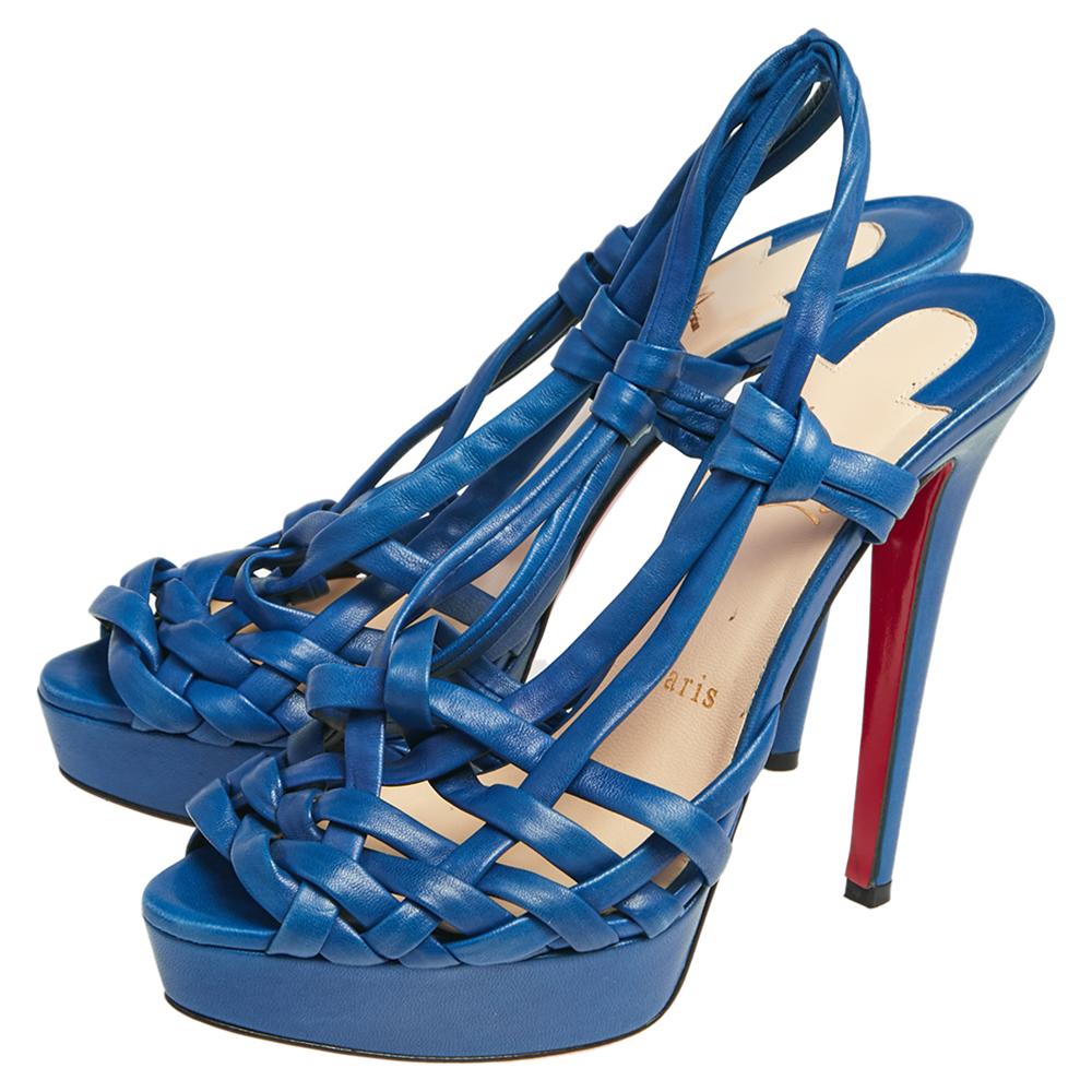Christian Louboutin Blue Leather Platform Sandals Size 39.5 In Good Condition In Dubai, Al Qouz 2