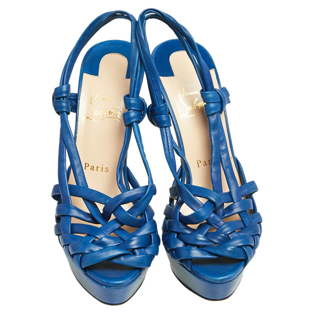 Women's Christian Louboutin Blue Leather Platform Sandals Size 39.5