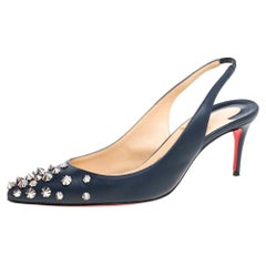 Christian Louboutin Blue Leather Spikes Sling Back Pointed Toe Pumps Size 36.5