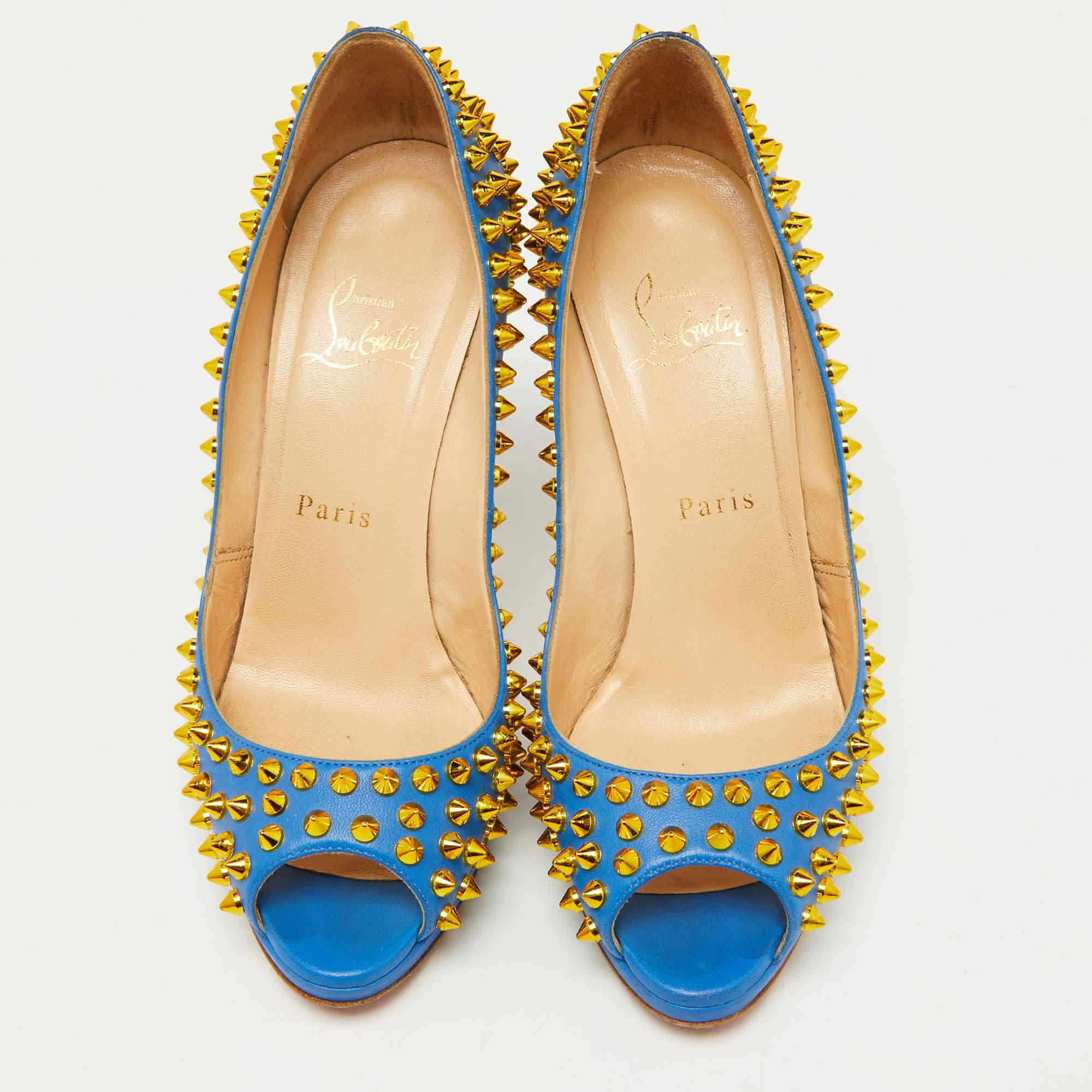 Christian Louboutin Blue Leather Yolanda Spikes Pumps Size 37.5 For Sale 1