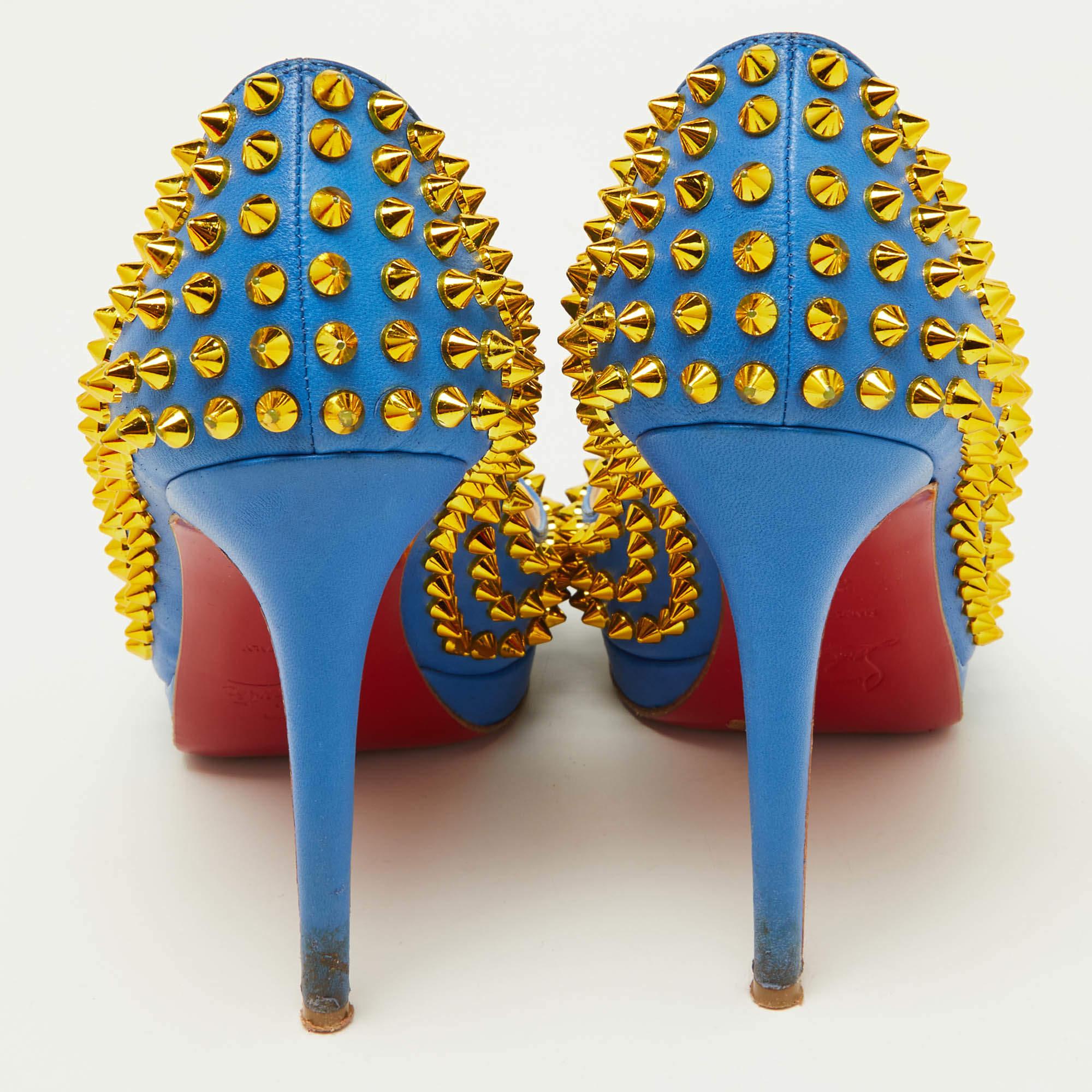 Christian Louboutin Blue Leather Yolanda Spikes Pumps Size 37.5 For Sale 2