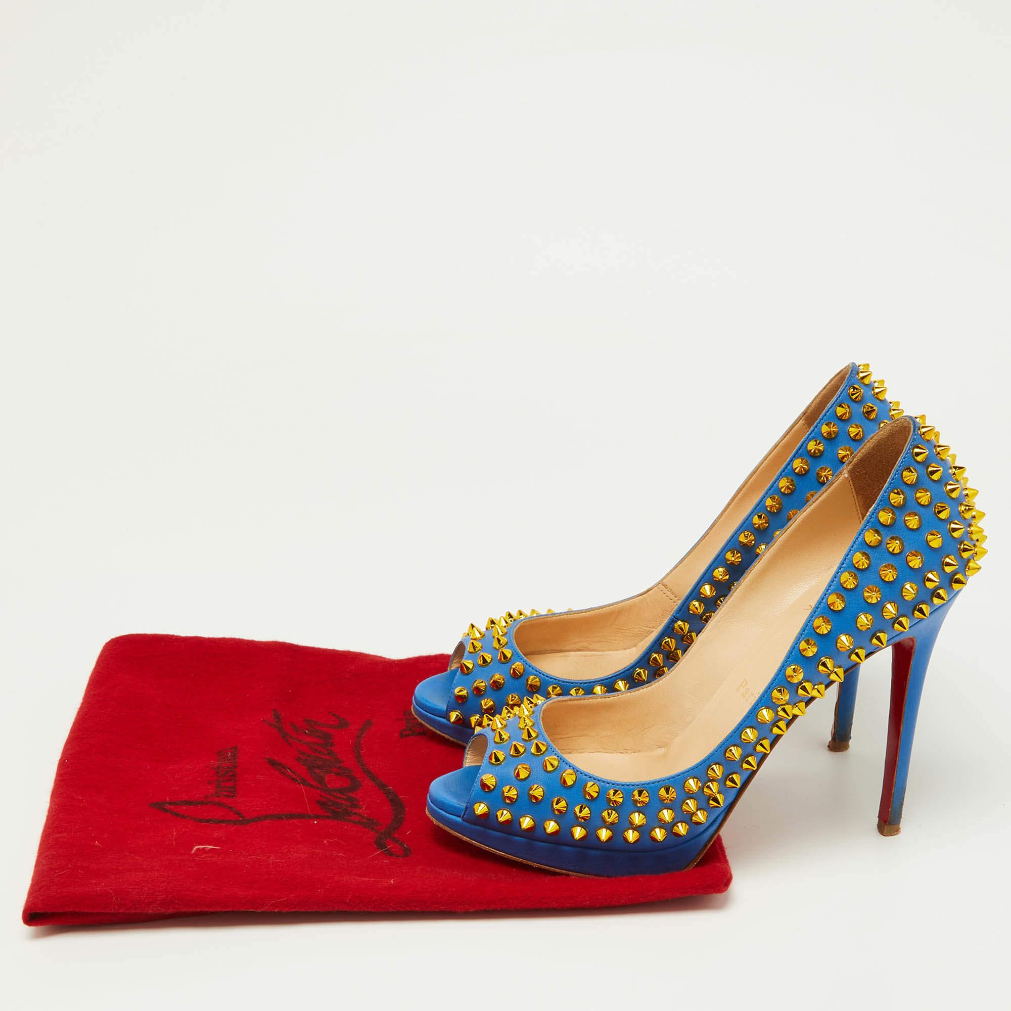 Christian Louboutin Blue Leather Yolanda Spikes Pumps Size 37.5 For Sale 5