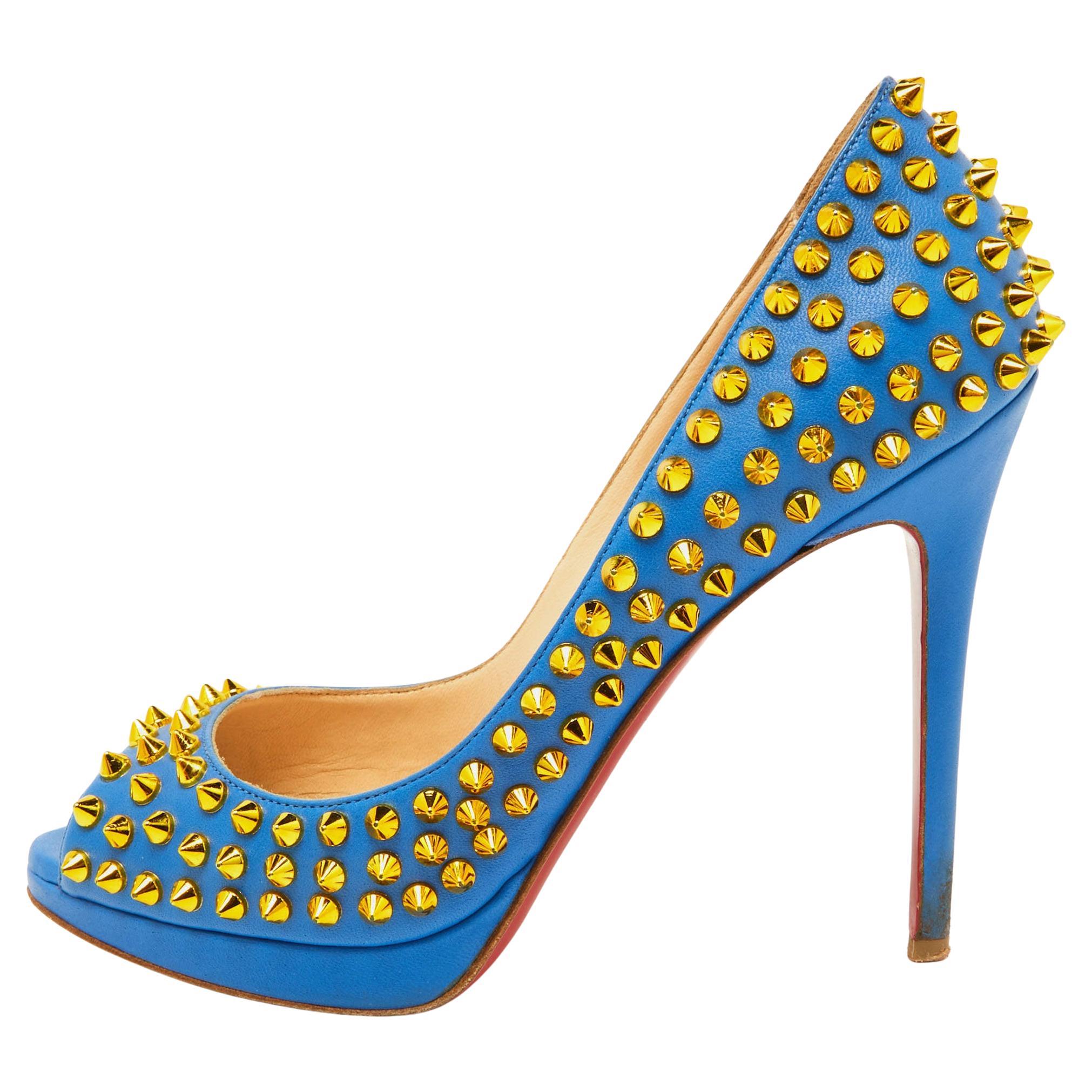 Christian Louboutin Blue Leather Yolanda Spikes Pumps Size 37.5 For Sale