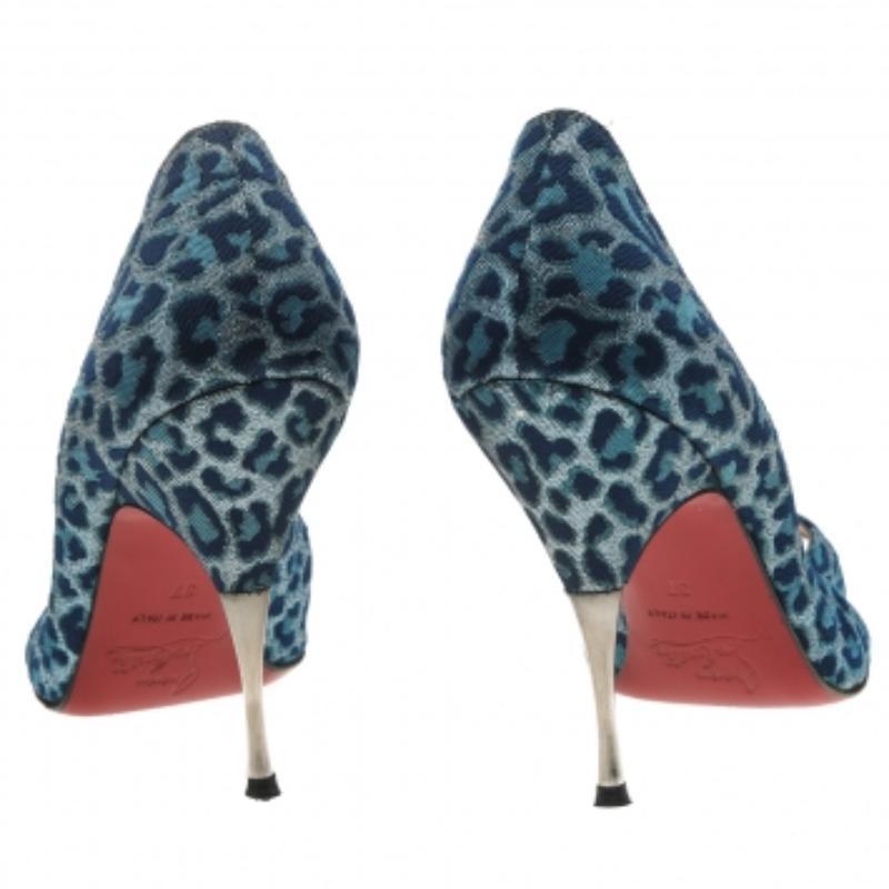 Christian Louboutin Blue Leopard Print Fabric Peep Toe Pumps Size 37 For Sale 2