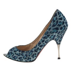 Christian Louboutin Blue Leopard Print Fabric Peep Toe Pumps Size 37