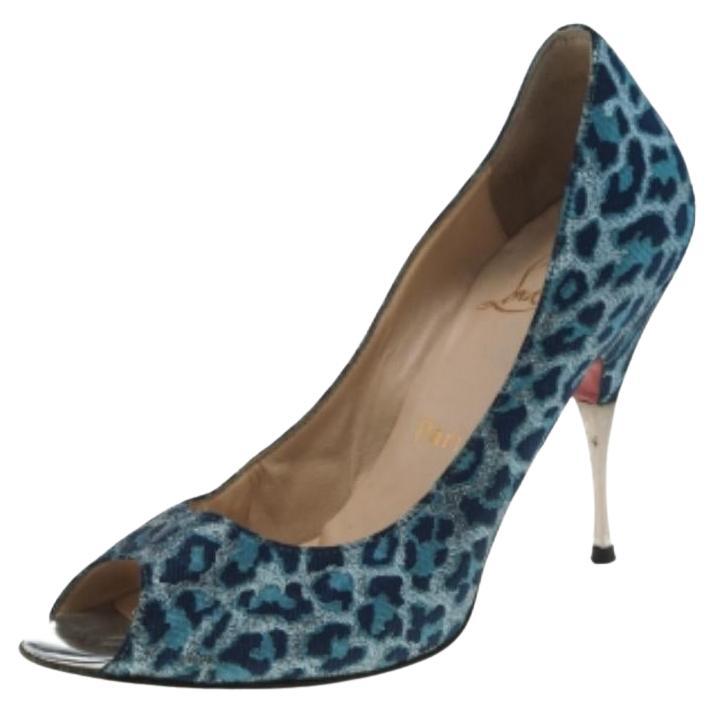 Christian Louboutin Blue Leopard Print Fabric Peep Toe Pumps Size 37 For Sale