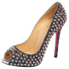 Christian Louboutin Blue Lurex Fabric Yolanda Spikes Peep Toe Pumps Size 36.5