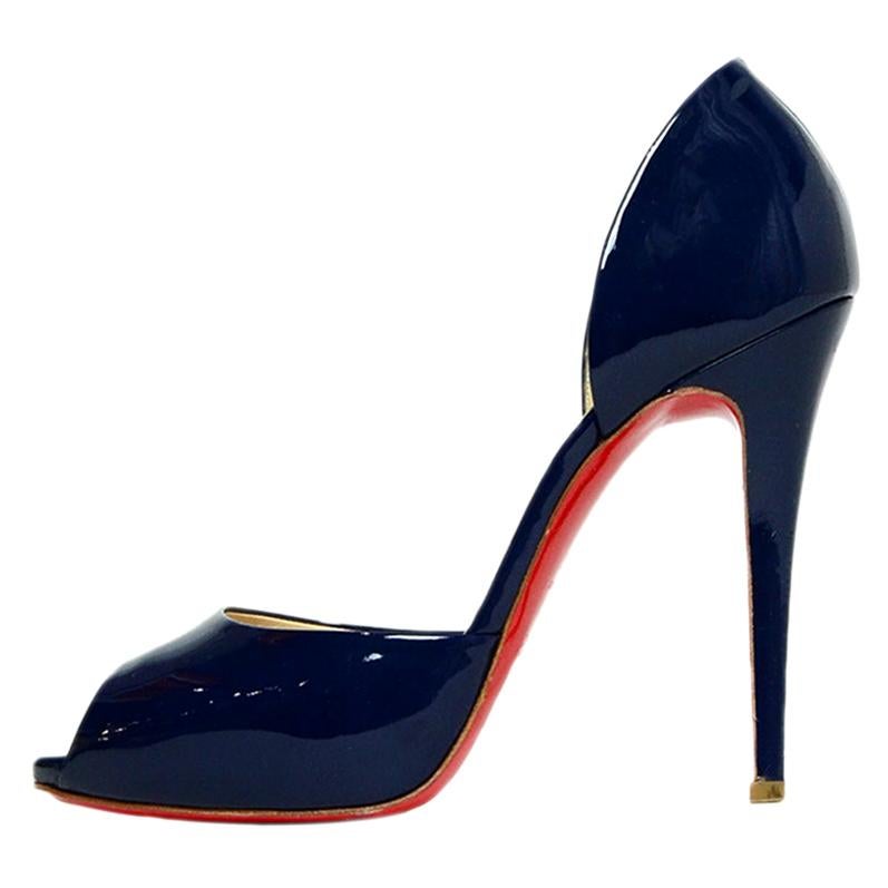 Christian Louboutin Blue Madame Claude 120 Patent Peep-Toe Pumps sz 39.5 rt $795