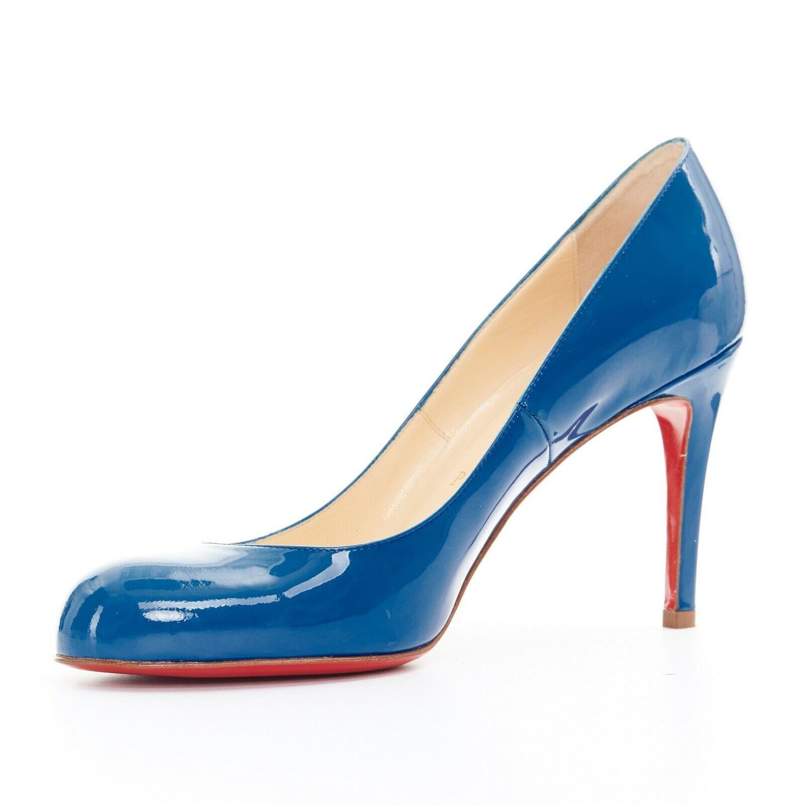 CHRISTIAN LOUBOUTIN blue patent leather almond round toe slim heel pump EU38 In Excellent Condition In Hong Kong, NT