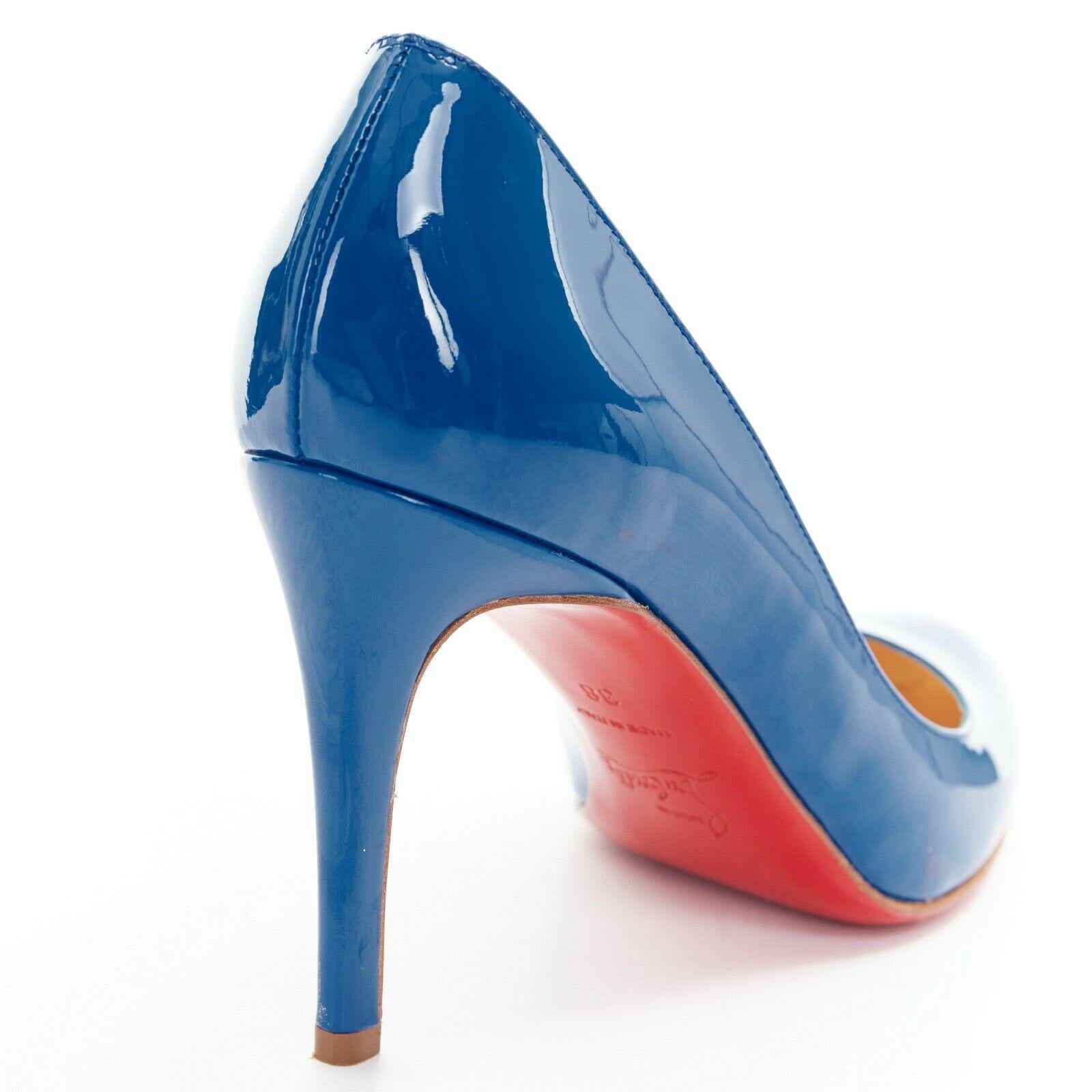 CHRISTIAN LOUBOUTIN blue patent leather almond round toe slim heel pump EU38 4