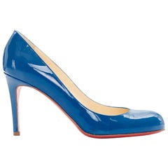 CHRISTIAN LOUBOUTIN blue patent leather almond round toe slim heel pump EU38