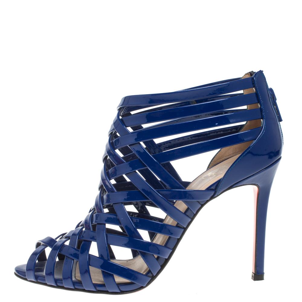 Women's Christian Louboutin Blue Patent Leather Arakna Sandals Size 38.5