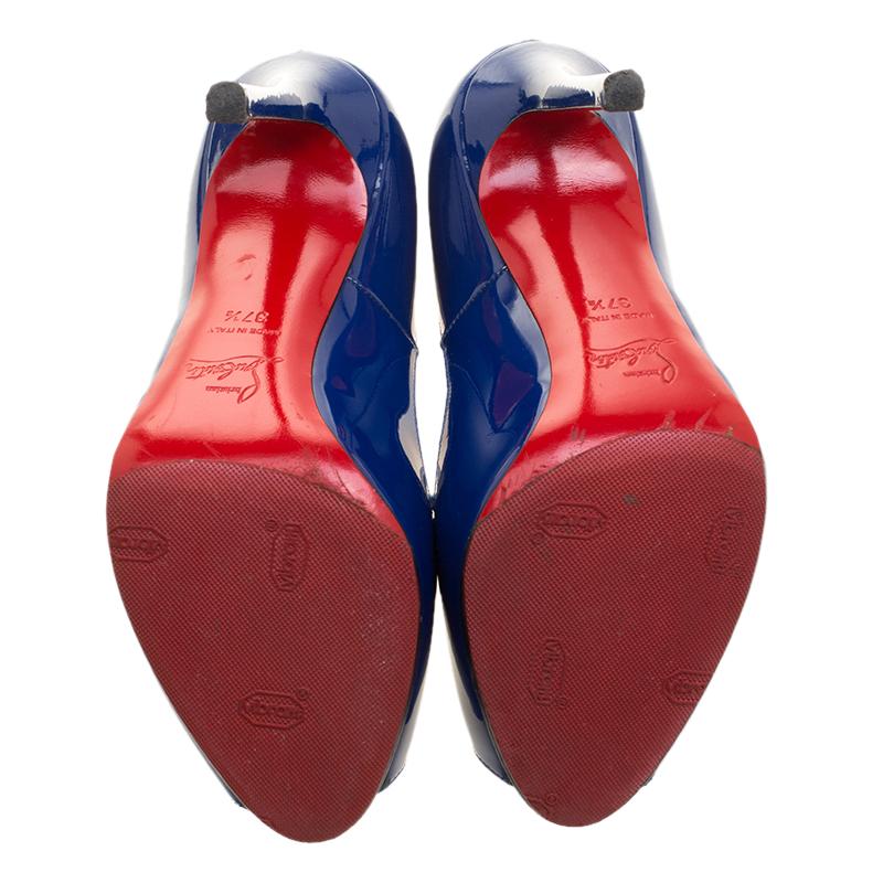 Women's Christian Louboutin Blue Patent Leather Flo Peep Toe Pumps Size 37.5