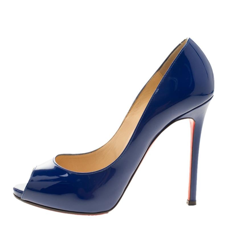 Christian Louboutin Blue Patent Leather Flo Peep Toe Pumps Size 37.5 1