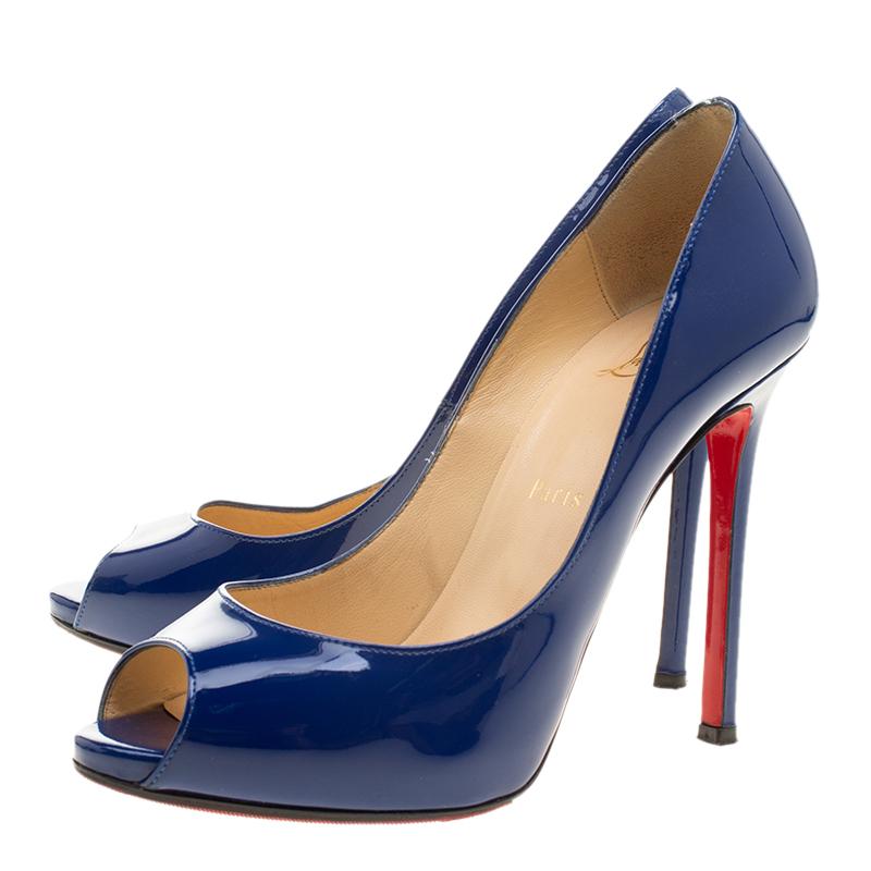 Christian Louboutin Blue Patent Leather Flo Peep Toe Pumps Size 37.5 3