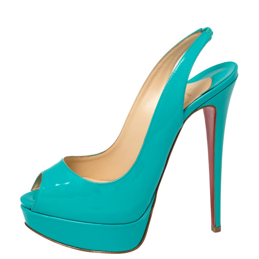 Christian Louboutin Blue Patent Leather Lady Peep Platform Sandals Size 38 1