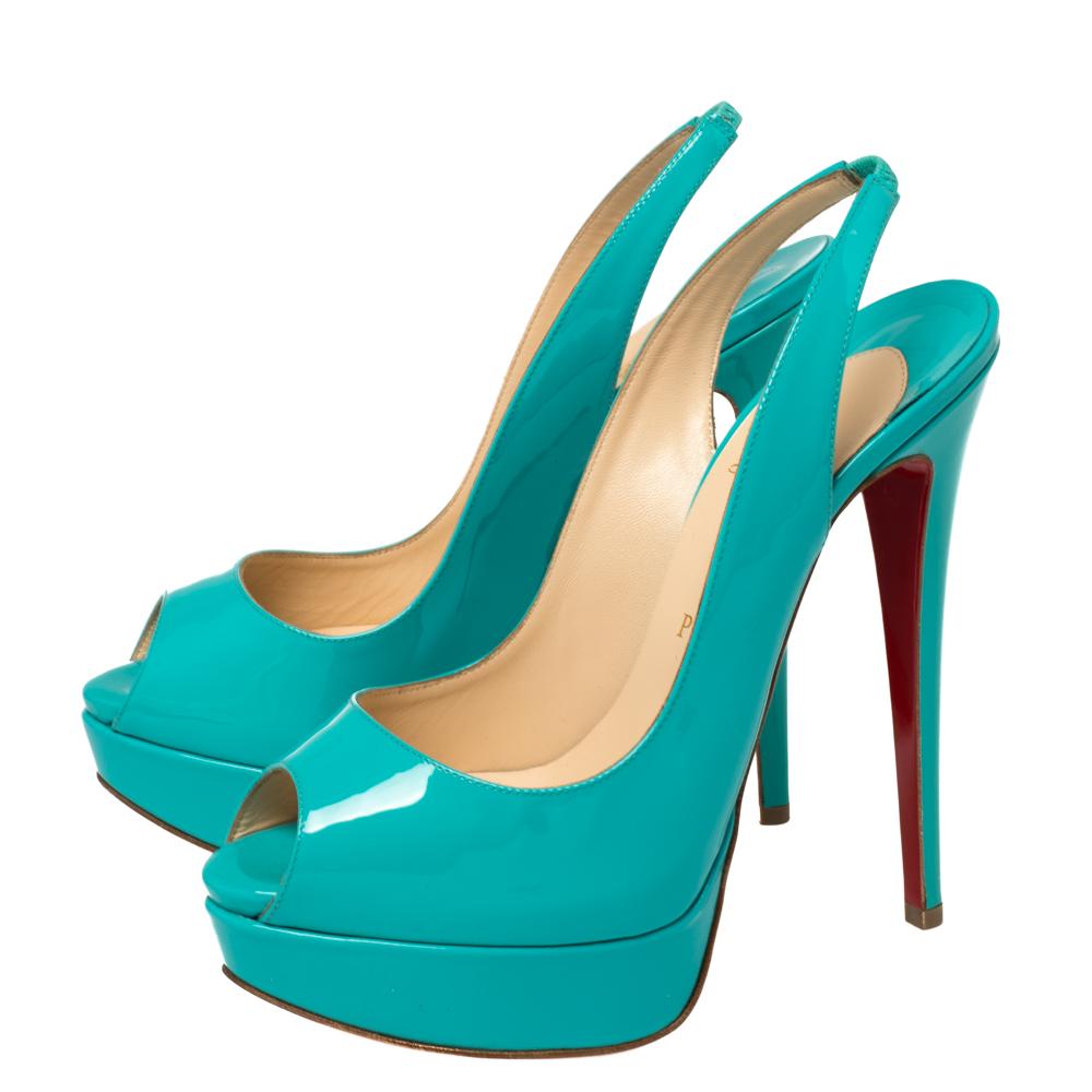Christian Louboutin Blue Patent Leather Lady Peep Platform Sandals Size 38 2