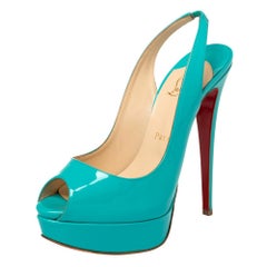 Christian Louboutin Blue Patent Leather Lady Peep Platform Sandals Size 38