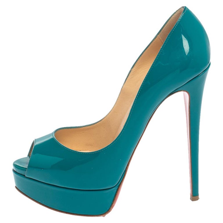 Christian Louboutin Blue Patent Leather Lady Peep Pumps Size 37.5 For Sale  at 1stDibs