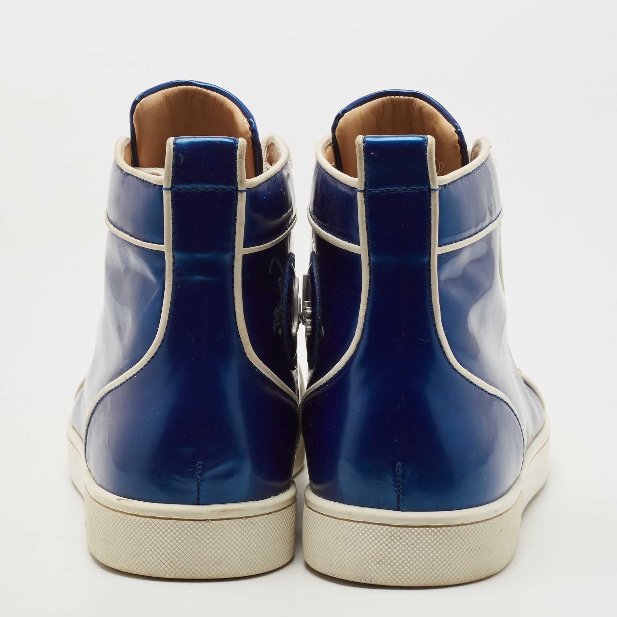 Christian Louboutin Blue Patent Leather Rantus Orlato High Top Sneakers Size 44 In Good Condition In Dubai, Al Qouz 2