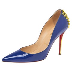 Christian Louboutin Blue Patent Leather Spike Pointed Toe Pumps Size 38