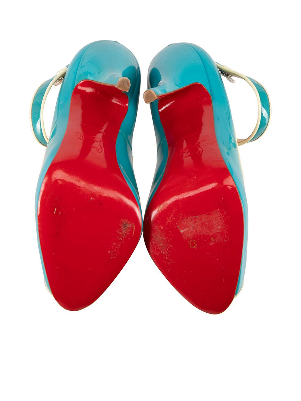 Women's Christian Louboutin Blue Patent Peep-Toe Heels Size EU 37 For Sale