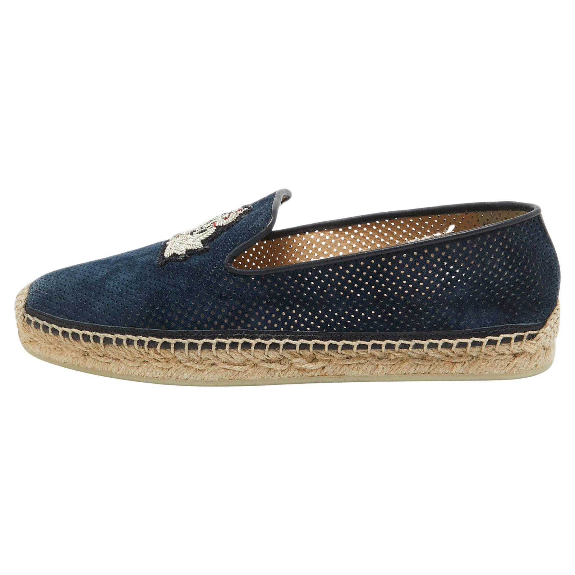 Christian Louboutin Blue Perforated Suede Nanou Orlato Espadrille Flats Size 37 For Sale