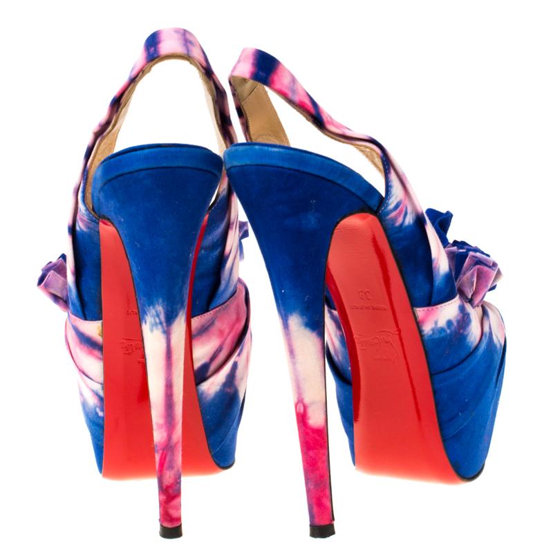 Beige Christian Louboutin Blue/Pink Fabric High BouBou Bazin Slingback Sandals Size 38