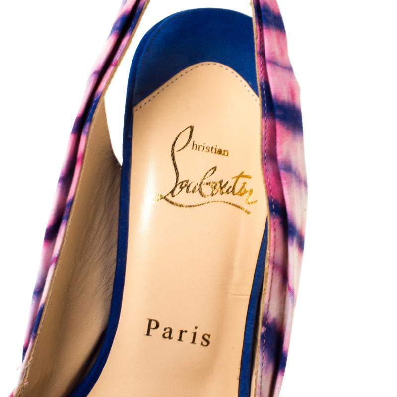 Women's Christian Louboutin Blue/Pink Fabric High BouBou Bazin Slingback Sandals Size 38