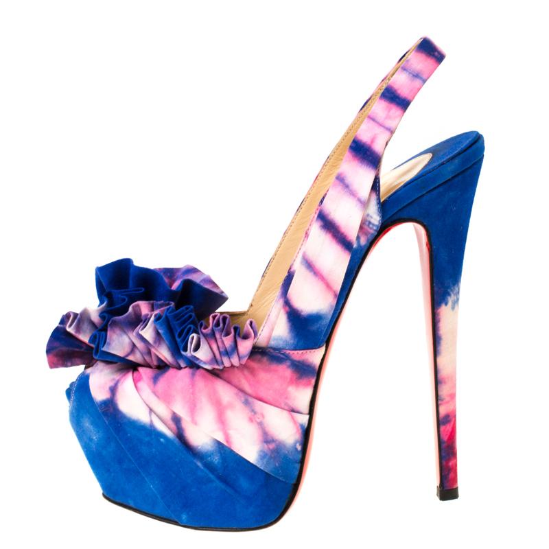 Christian Louboutin Blue/Pink Fabric High BouBou Bazin Slingback Sandals Size 38 1