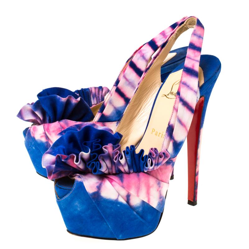 Christian Louboutin Blue/Pink Fabric High BouBou Bazin Slingback Sandals Size 38 2