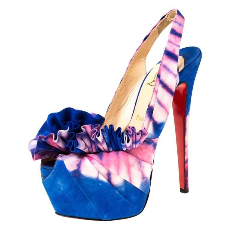 Christian Louboutin Blue/Pink Fabric High BouBou Bazin Slingback Sandals Size 38