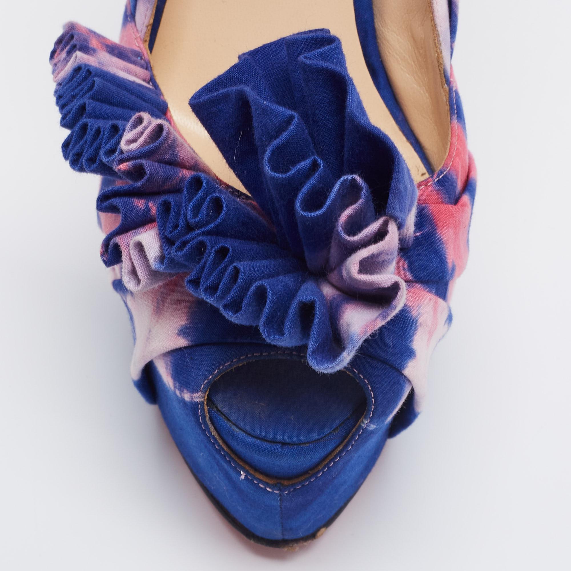 Gray Christian Louboutin Blue/Pink Tie Dye Fabric BouBou Slingback Sandals Size 38