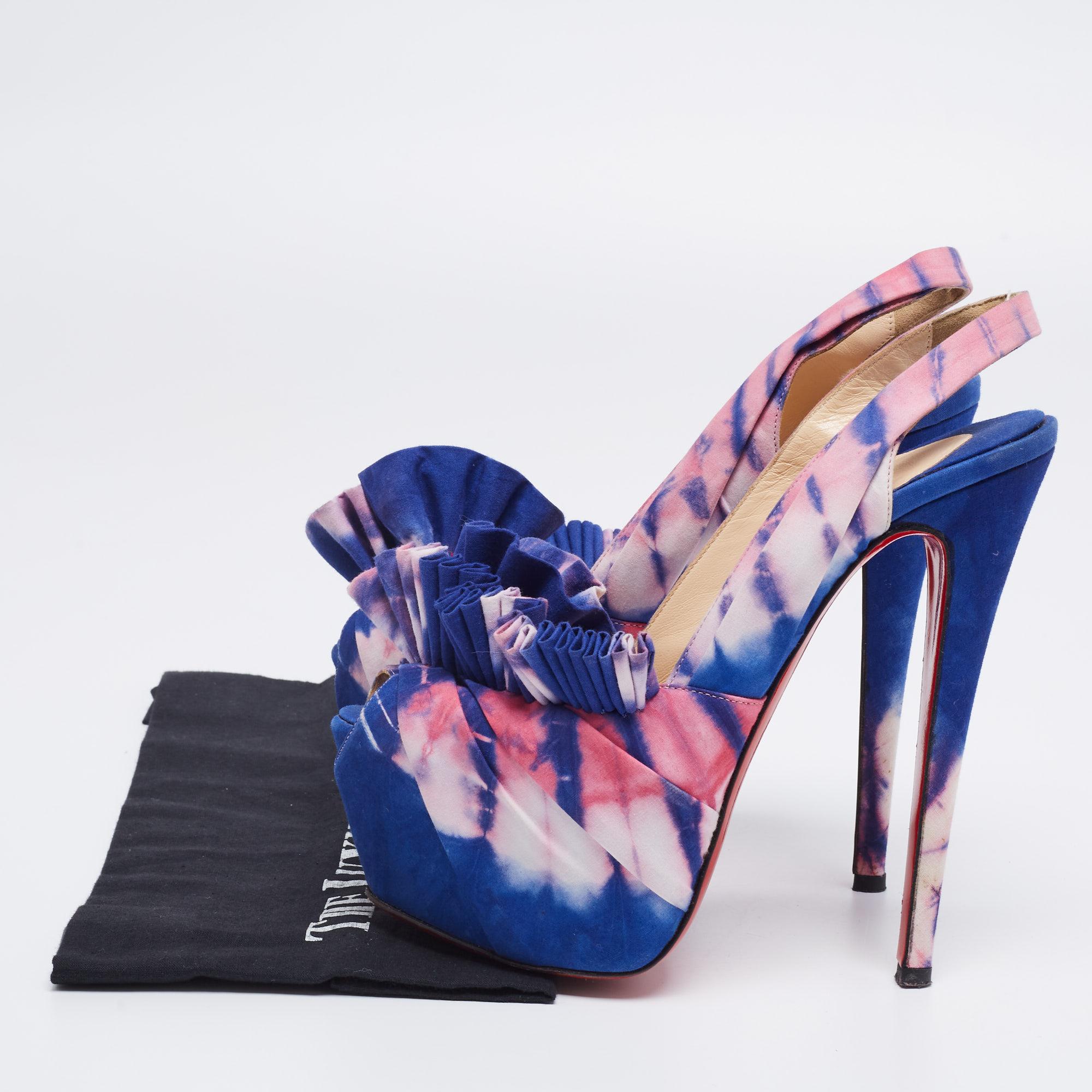 Christian Louboutin Blue/Pink Tie Dye Fabric BouBou Slingback Sandals Size 38 In Good Condition In Dubai, Al Qouz 2