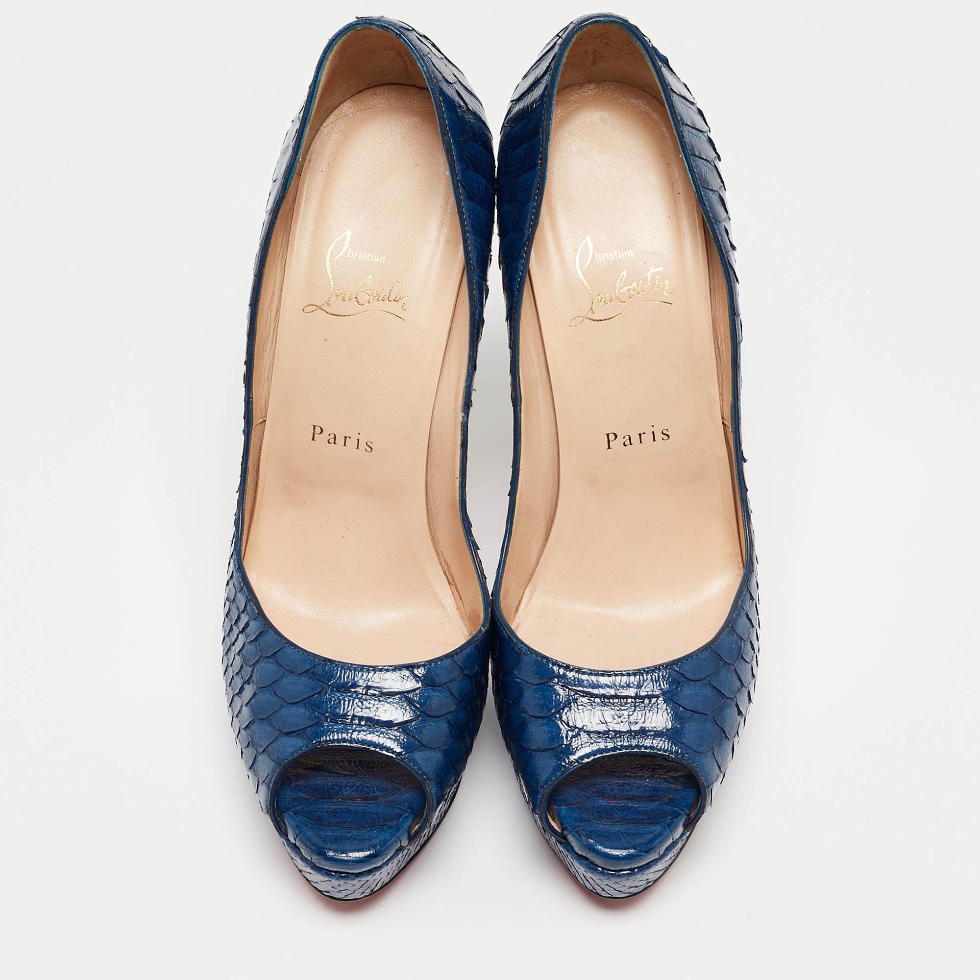 Women's Christian Louboutin Blue Python Lady Peep Toe Pumps Size 39.5 For Sale