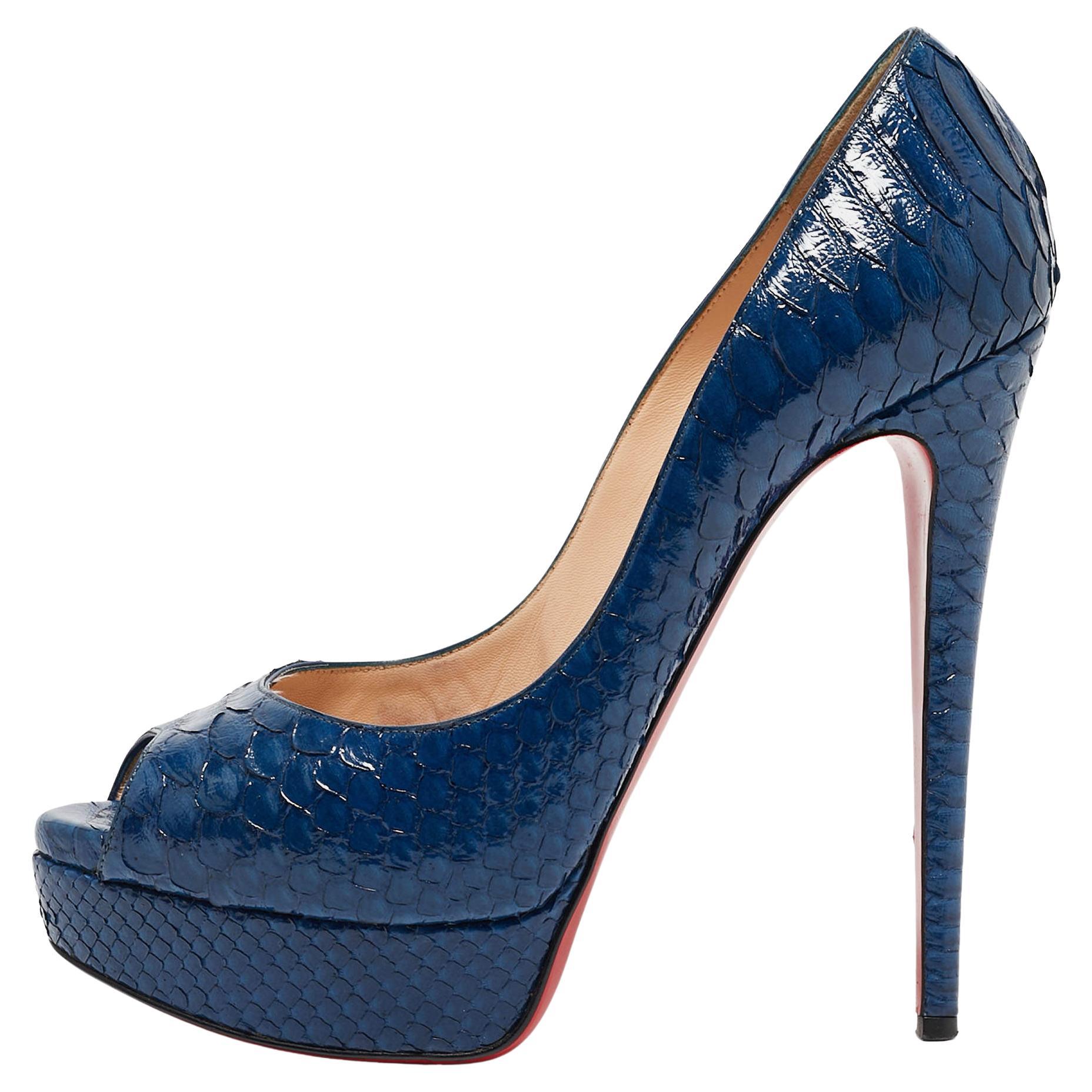 Christian Louboutin Blue Python Lady Peep Toe Pumps Size 39.5 For Sale