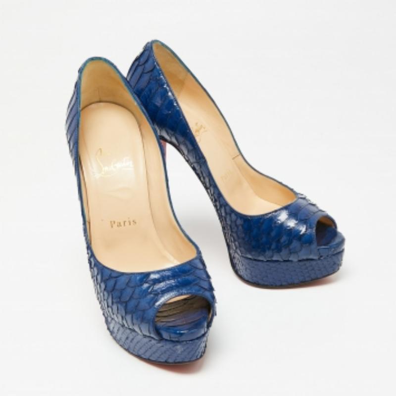 De las mujeres Christian Louboutin Bombas de plataforma Lady Peep de piel de pitón azul talla 37 en venta