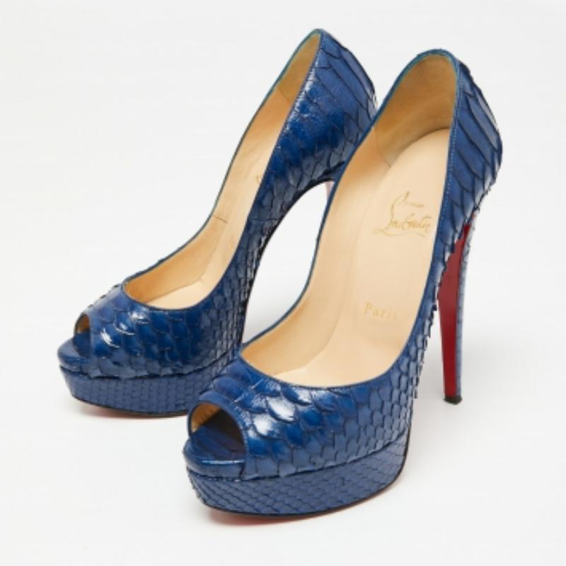 Christian Louboutin Bombas de plataforma Lady Peep de piel de pitón azul talla 37 en venta 3
