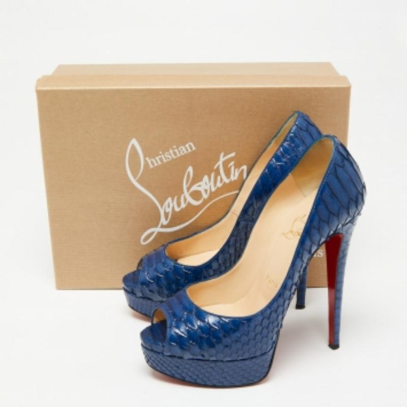 Christian Louboutin Bombas de plataforma Lady Peep de piel de pitón azul talla 37 en venta 4