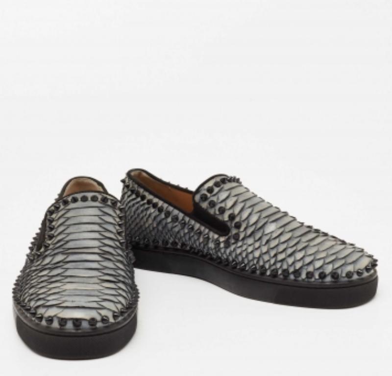 Black Christian Louboutin Blue Python Pik Boat Spike Slip On Sneakers Size 40 For Sale