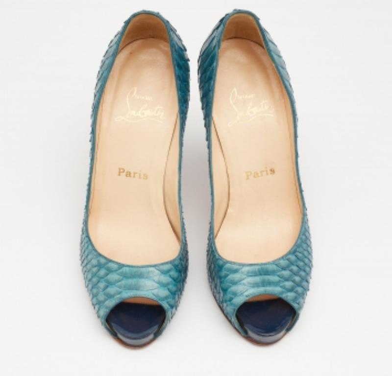 Women's Christian Louboutin Blue Python Very Prive Platform Pumps Size 38 For Sale