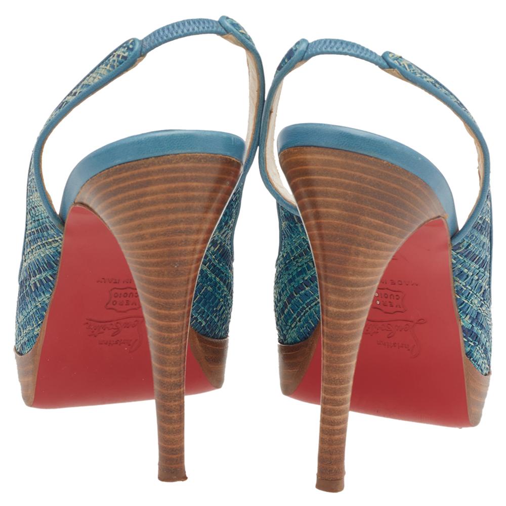 Gray Christian Louboutin Blue Raffia And Leather Peep Toe Slingabck Sandals Size 38 For Sale