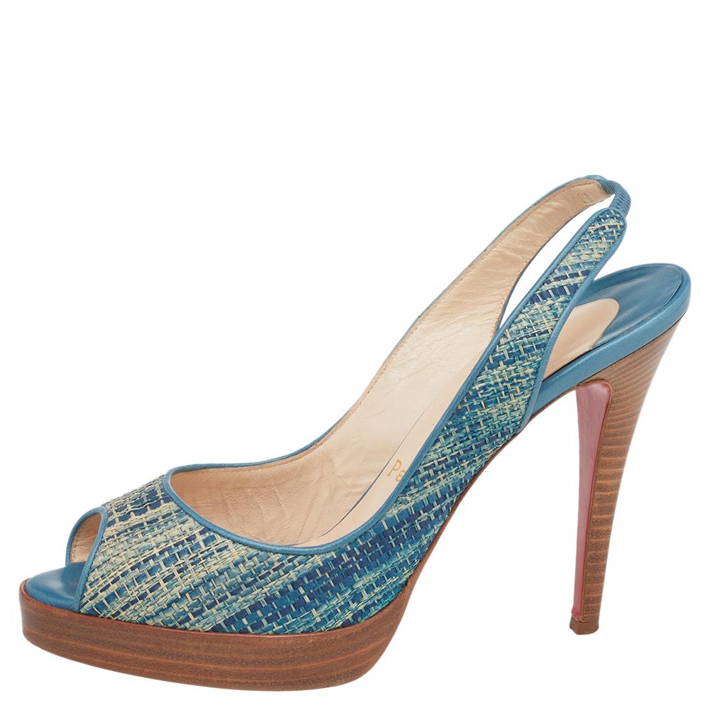 Women's Christian Louboutin Blue Raffia And Leather Peep Toe Slingabck Sandals Size 38 For Sale
