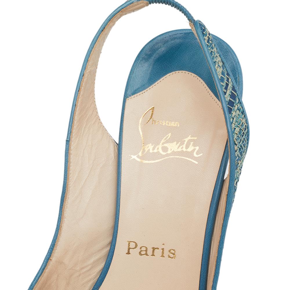 Christian Louboutin Blue Raffia And Leather Peep Toe Slingabck Sandals Size 38 For Sale 1