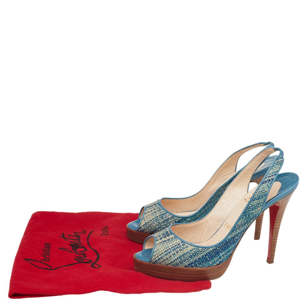 Christian Louboutin Blue Raffia And Leather Peep Toe Slingabck Sandals Size 38 For Sale 3