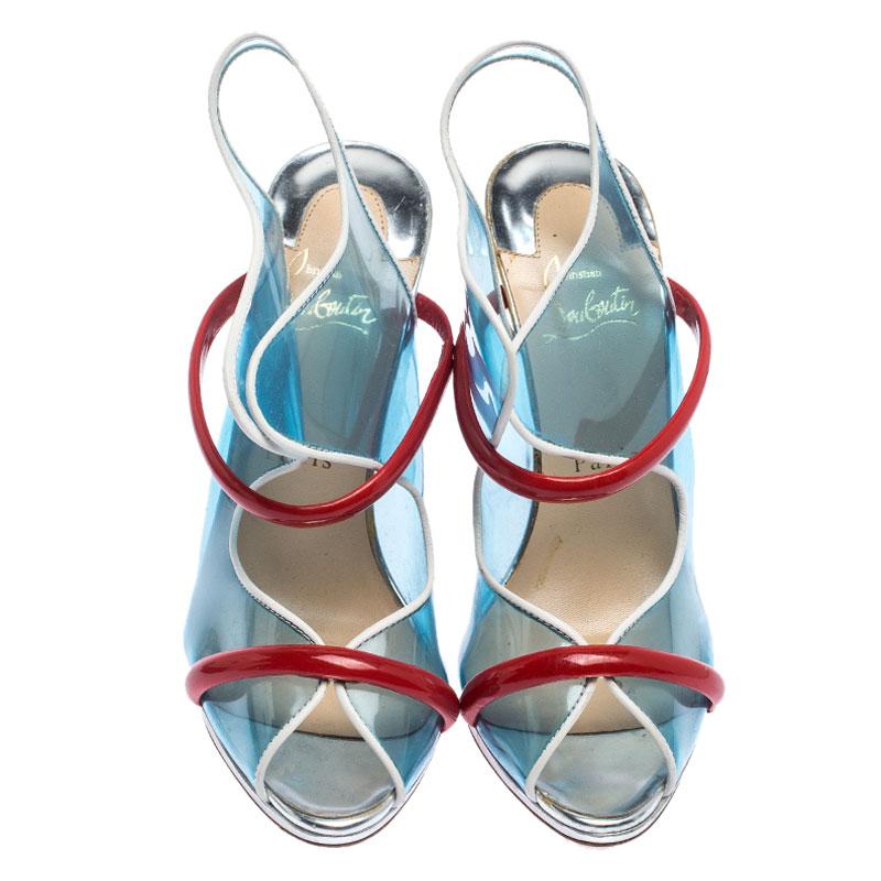 Women's Christian Louboutin Blue/Red PVC And Patent Leather Aqua Ronda Sandals Size 38.5
