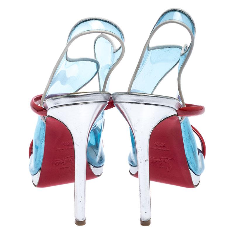 Women's Christian Louboutin Blue/Red PVC And Patent Leather Aqua Ronda Sandals Size 38.5