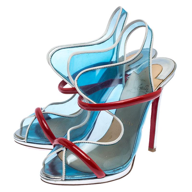 Christian Louboutin Blue/Red PVC And Patent Leather Aqua Ronda Sandals Size 38.5 1